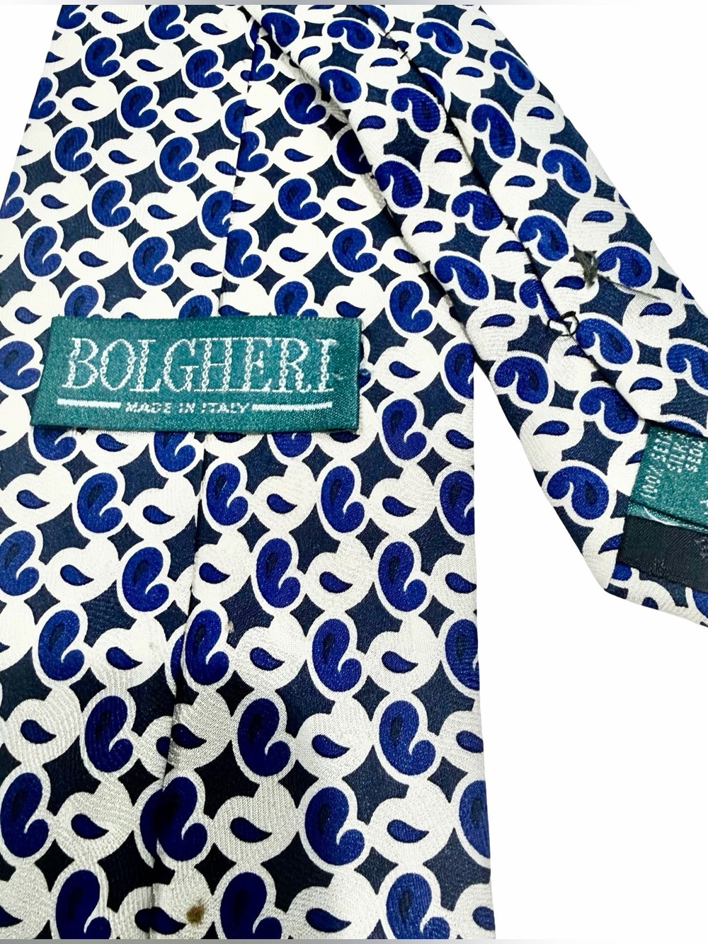 Vintage Bolgheri Made in Italy Silk Tie Blue Cream Paisley Geometric